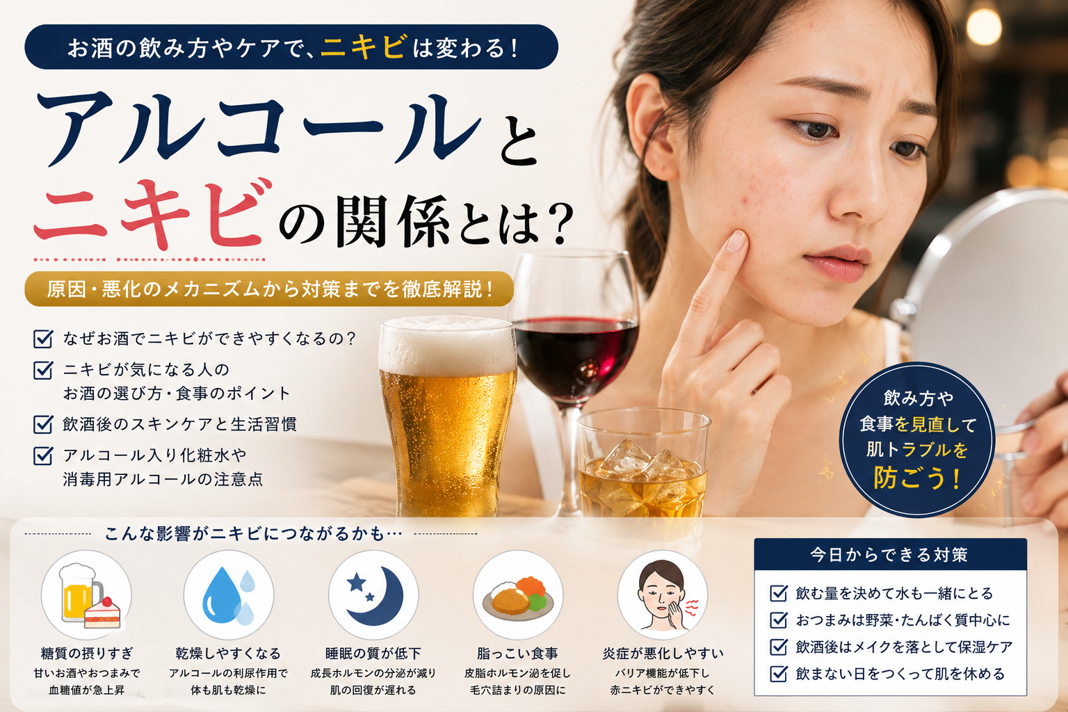 ニキビとアルコールは関係ある？飲酒と肌荒れを解説